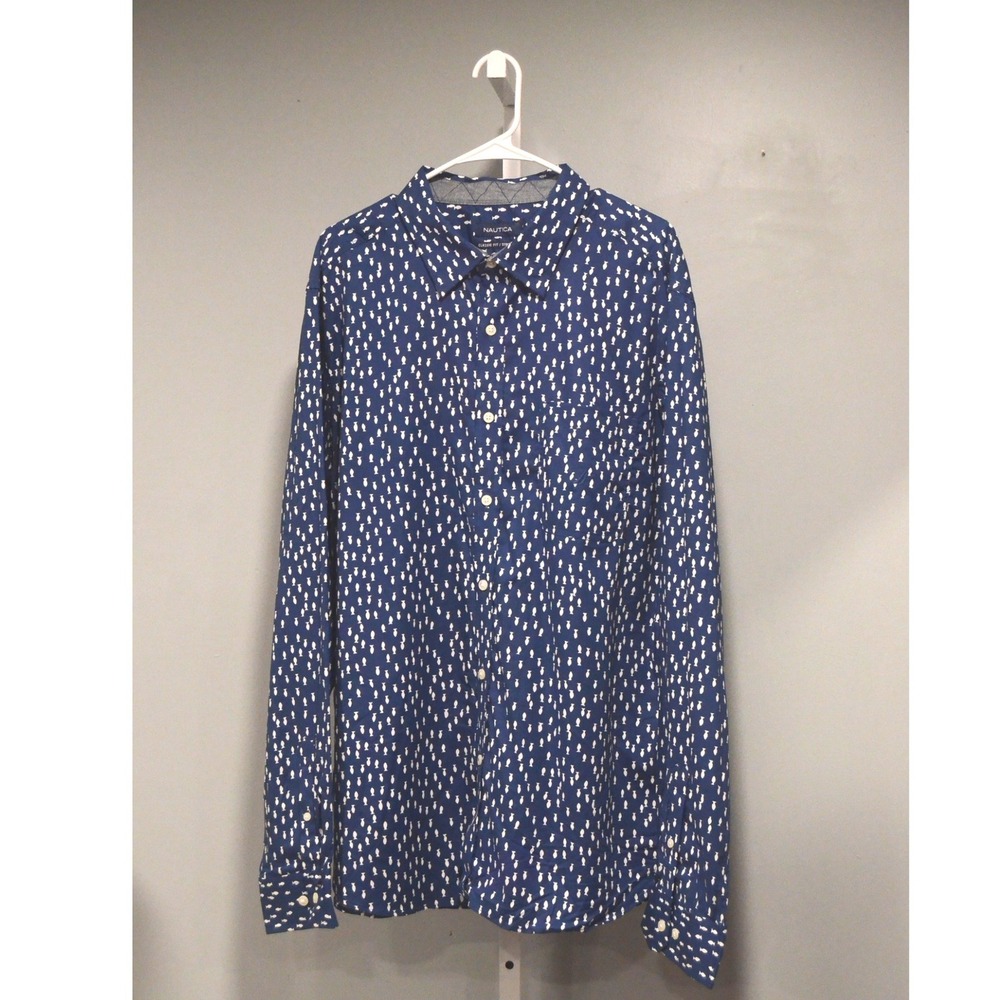 NWT Nautica Men's XXL Navy Blue Fish Print Classic Fit Stretch Long Sleeve Shirt